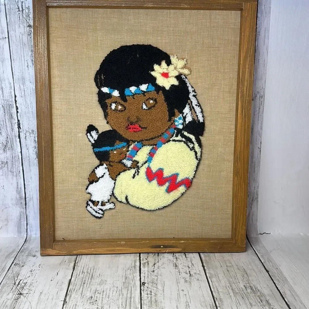 Vintage Punch Needle Native American Girl with Child‎ Framed Picture